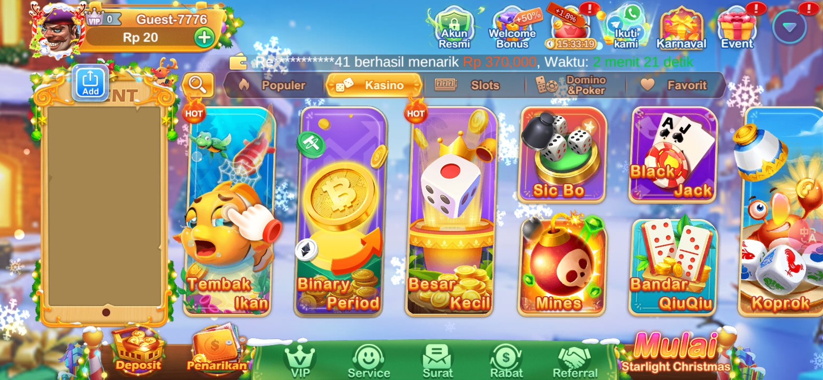 Game kasino populer seperti Tembak Ikan dan Sic Bo tersedia di K3K3 2 Apk U 21.